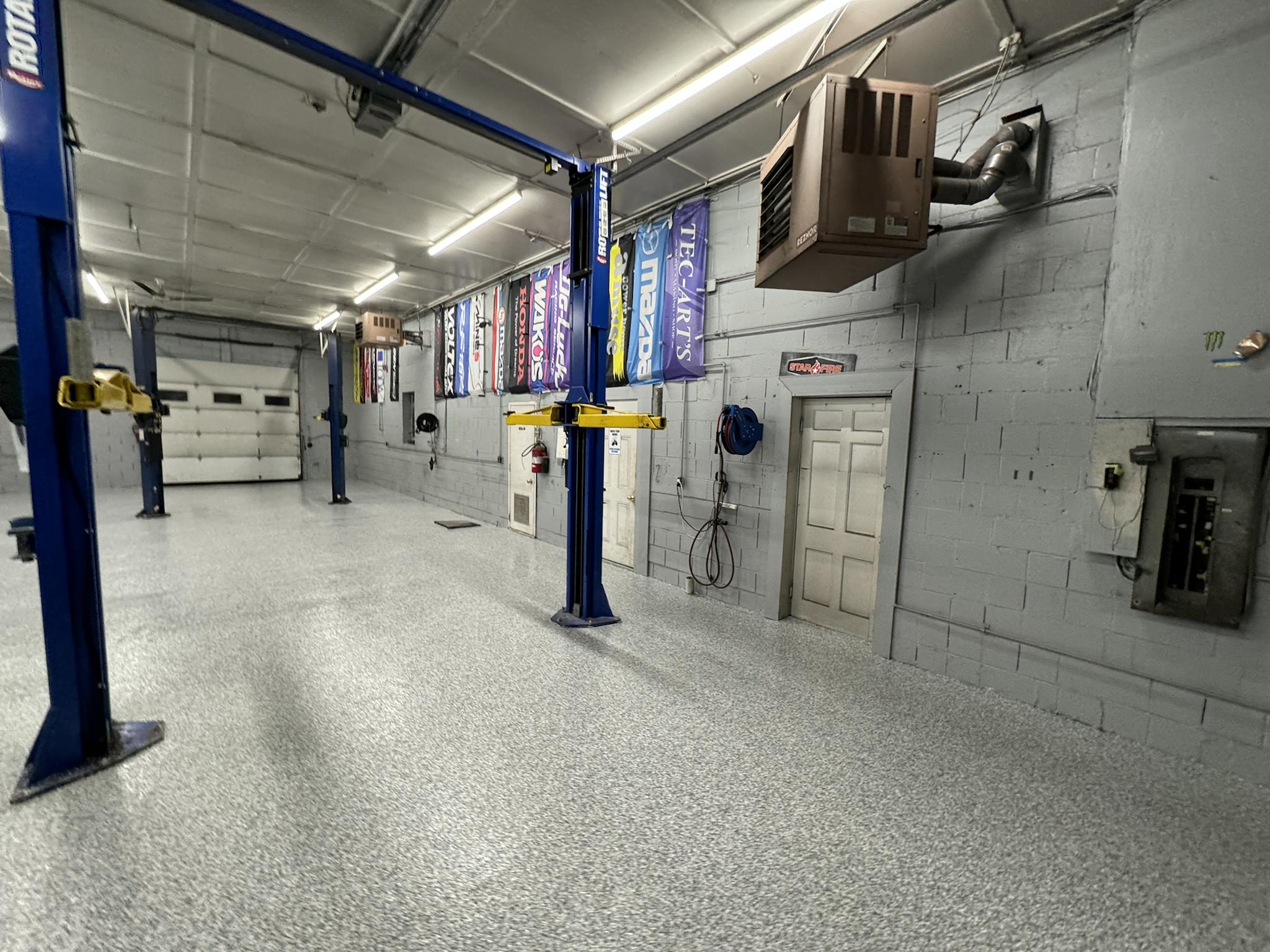 Auto shop flake floor — rear view