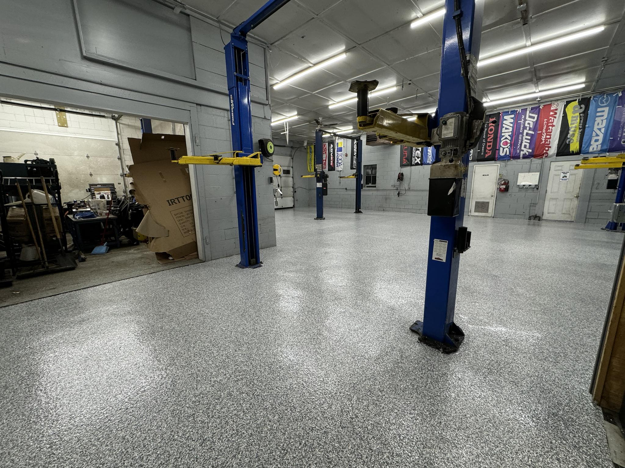 Auto shop flake floor — wide angle